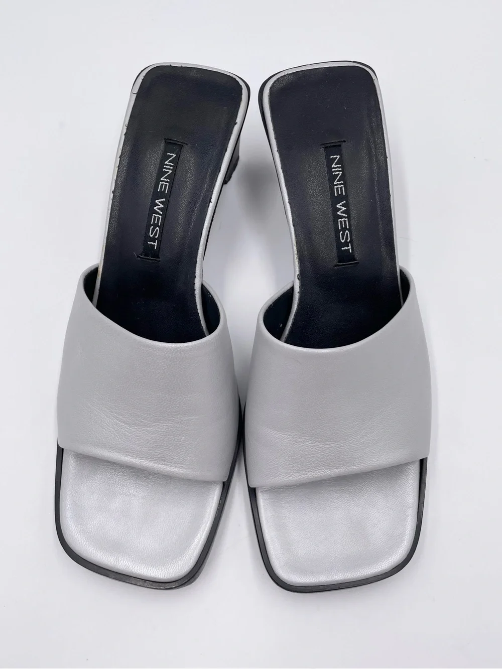 Vintage 90s Y2K Nine West Silver Square Toe Sandal Heels Size 5.5 Retro 2000s